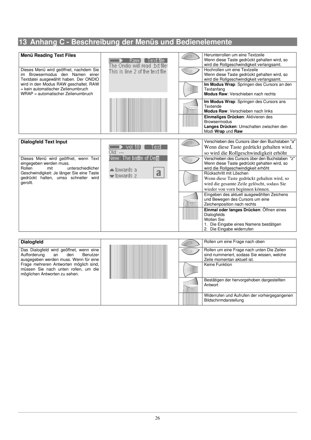 Archos UKW Tuner manual Anhang C Beschreibung der Menüs und Bedienelemente, Menü Reading Text Files, Dialogfeld Text Input 