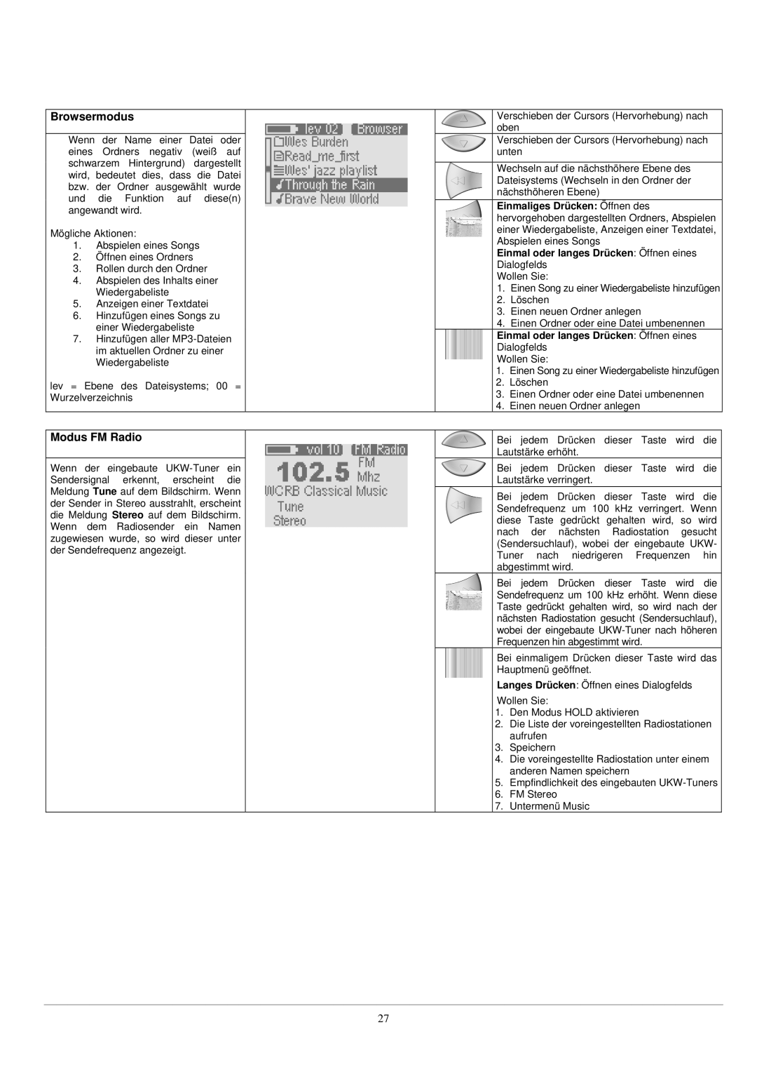 Archos UKW Tuner manual Browsermodus, Modus FM Radio 