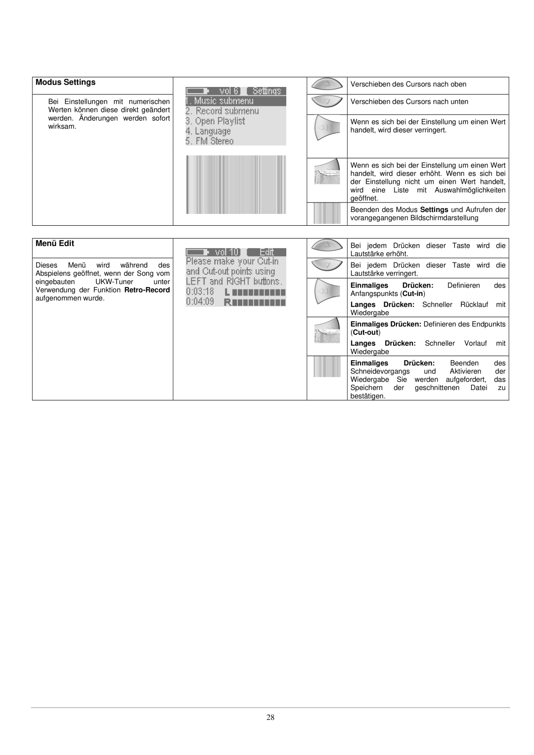 Archos UKW Tuner manual Modus Settings, Menü Edit 