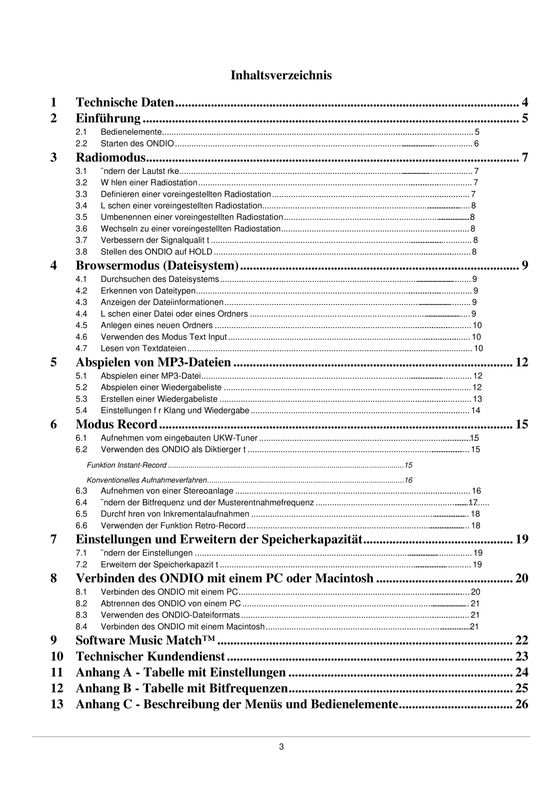 Archos UKW Tuner manual Inhaltsverzeichnis 