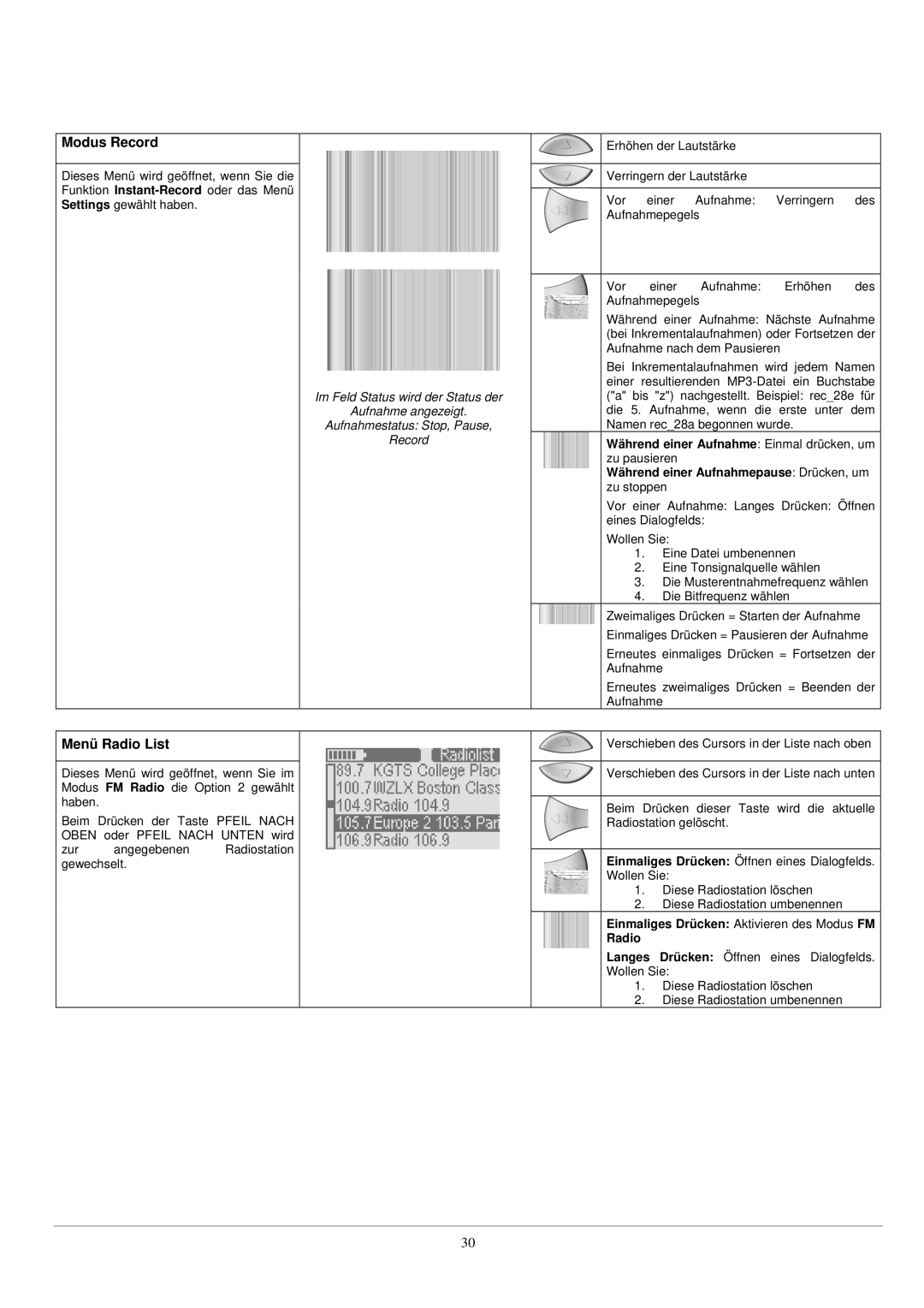 Archos UKW Tuner manual Modus Record, Menü Radio List 