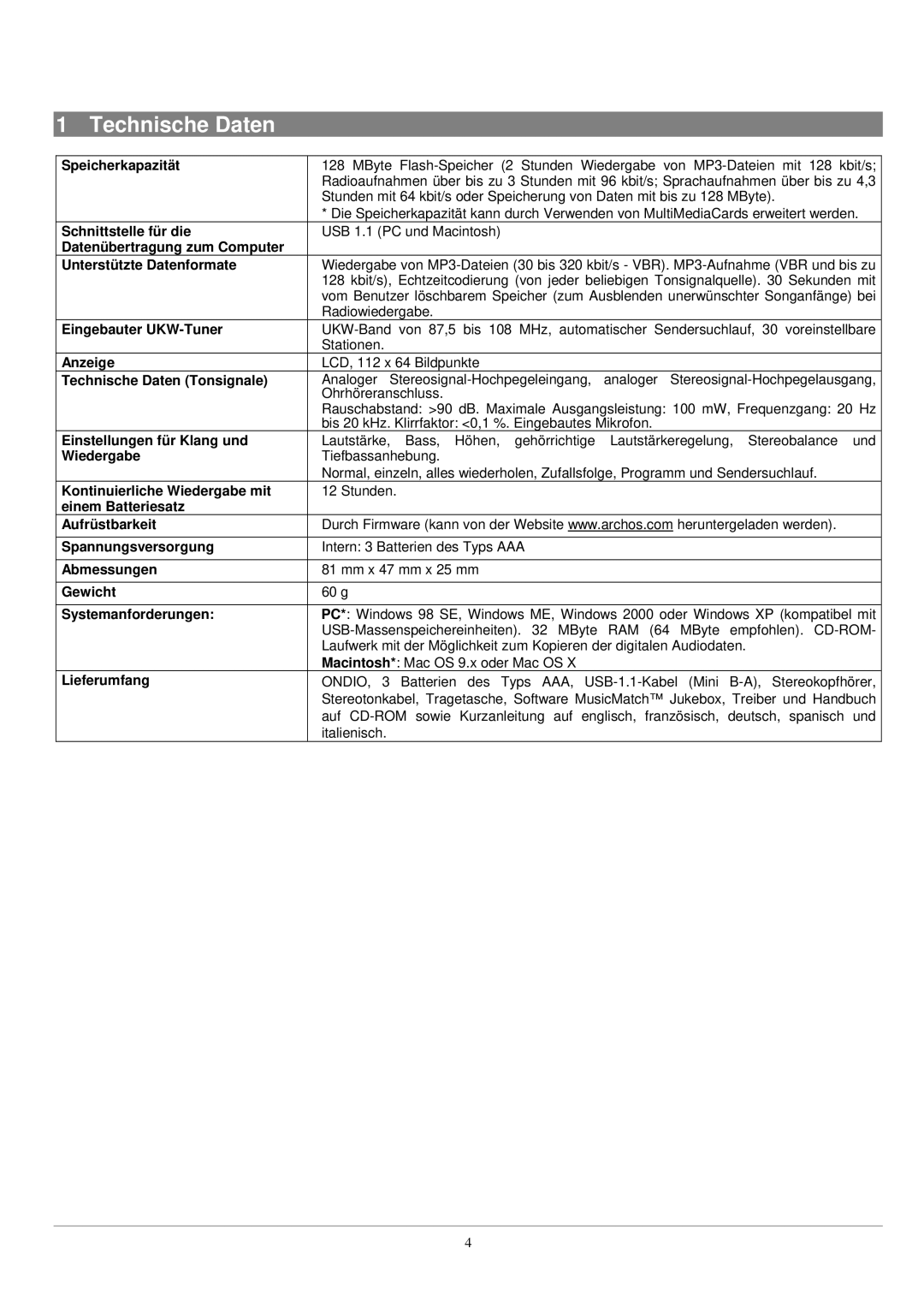 Archos UKW Tuner manual Technische Daten 