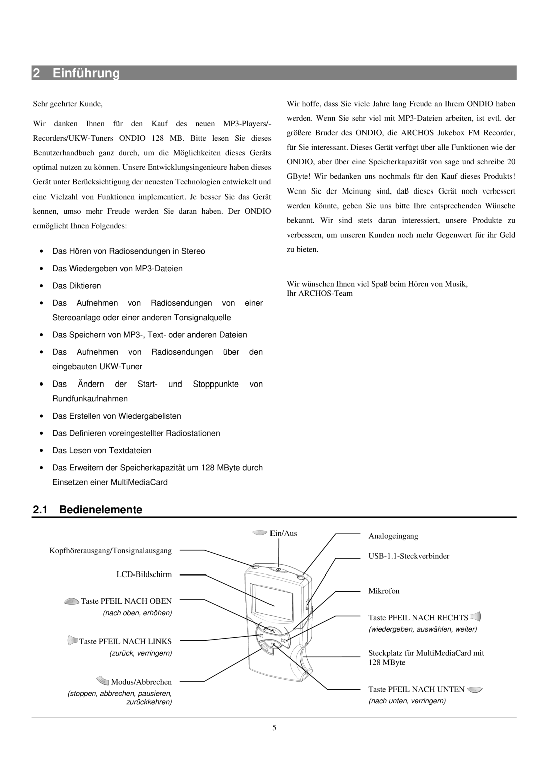 Archos UKW Tuner manual Einführung, Bedienelemente 