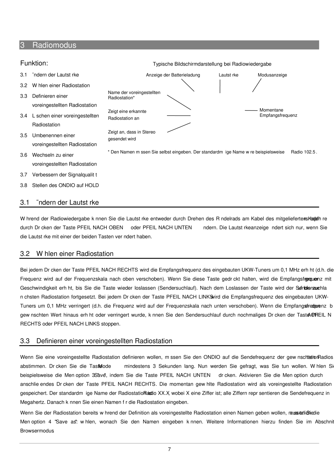 Archos UKW Tuner manual Radiomodus, Funktion, Ändern der Lautstärke, Wählen einer Radiostation 