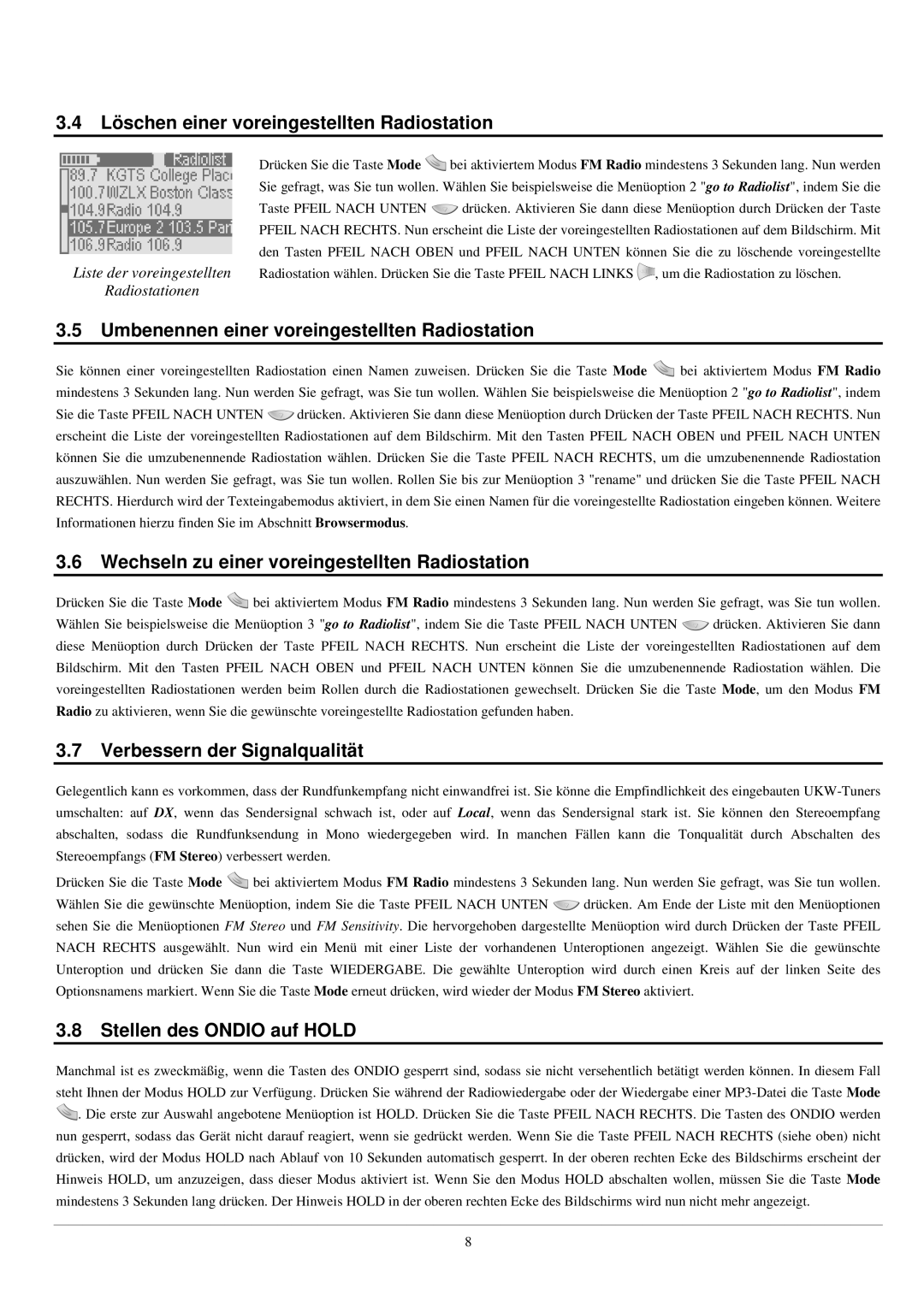 Archos UKW Tuner manual Löschen einer voreingestellten Radiostation, Umbenennen einer voreingestellten Radiostation 