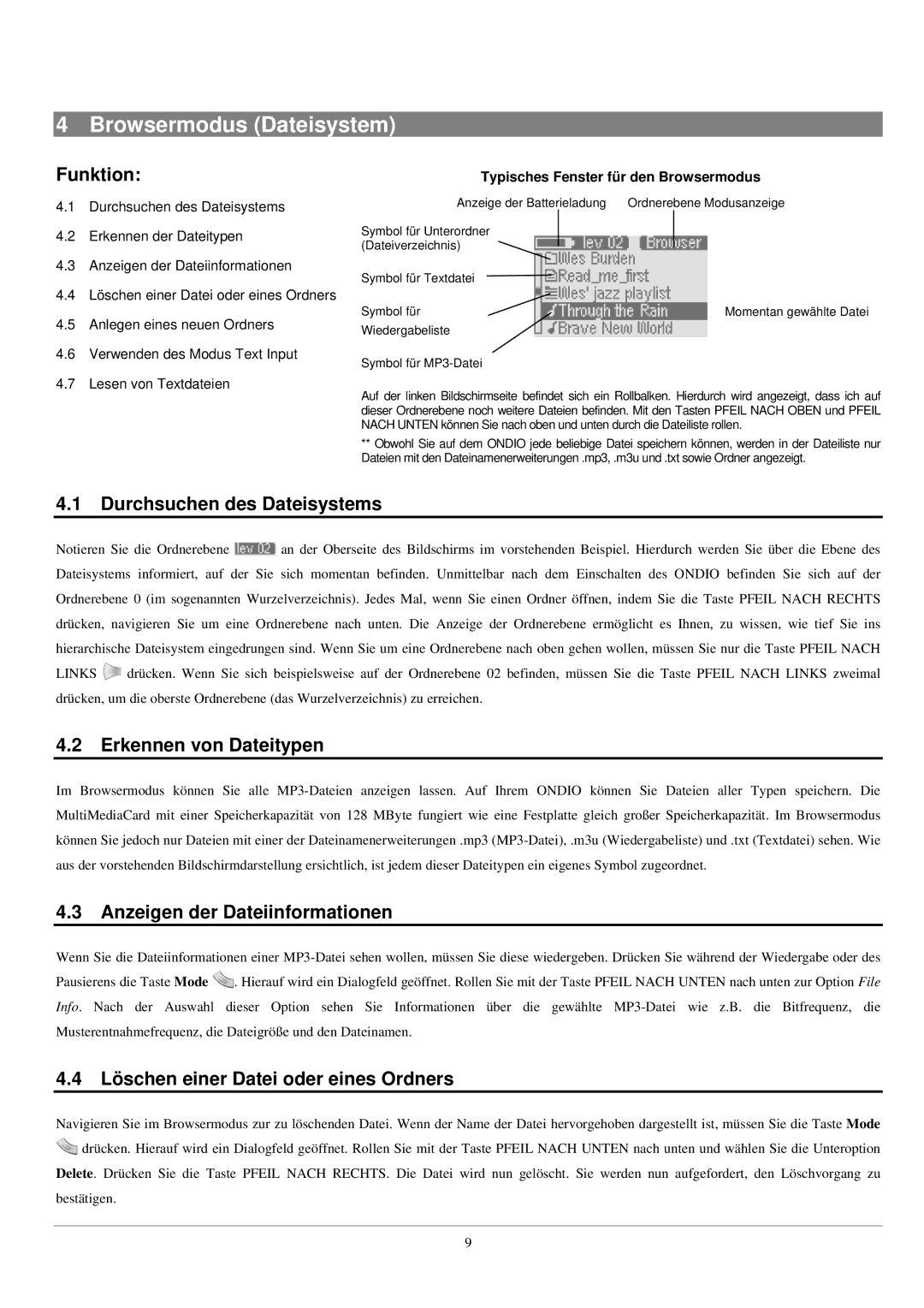 Archos UKW Tuner manual Browsermodus Dateisystem, Durchsuchen des Dateisystems, Erkennen von Dateitypen 