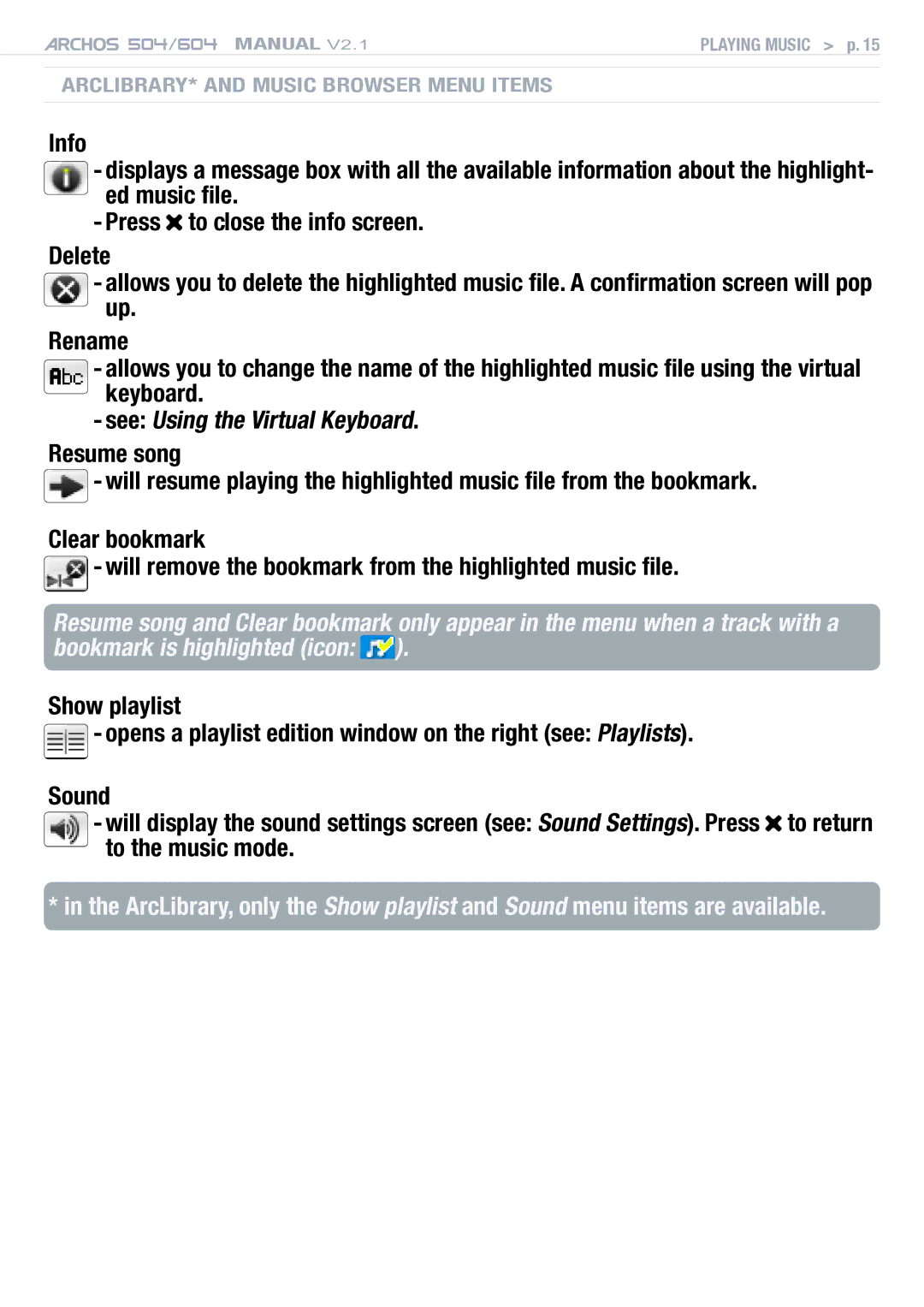 Archos Version 2.1 user manual ARCLibrary* and Music Browser Menu Items 