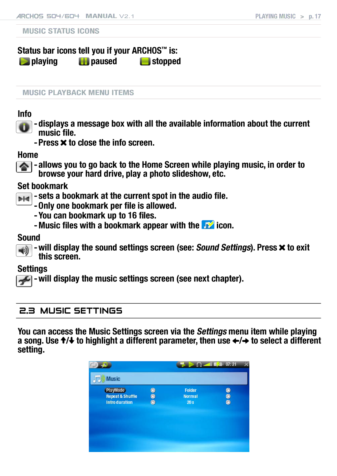 Archos Version 2.1 user manual Music Settings 