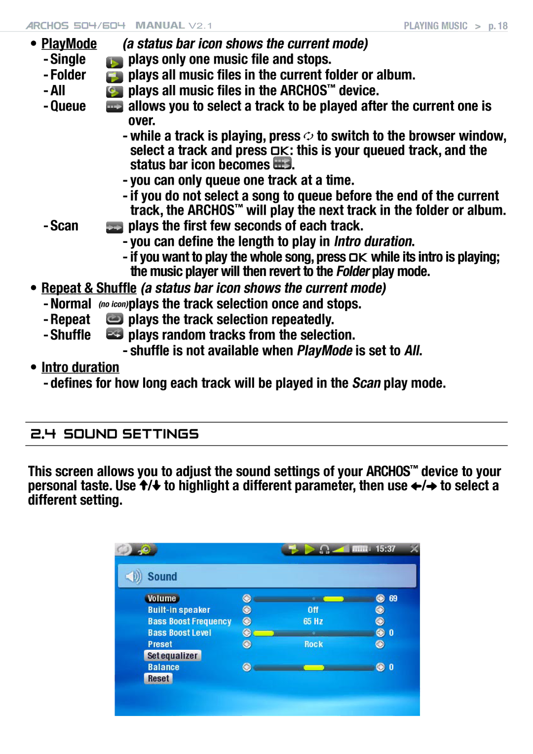 Archos Version 2.1 user manual Sound Settings, PlayMode a status bar icon shows the current mode, Over, Scan 