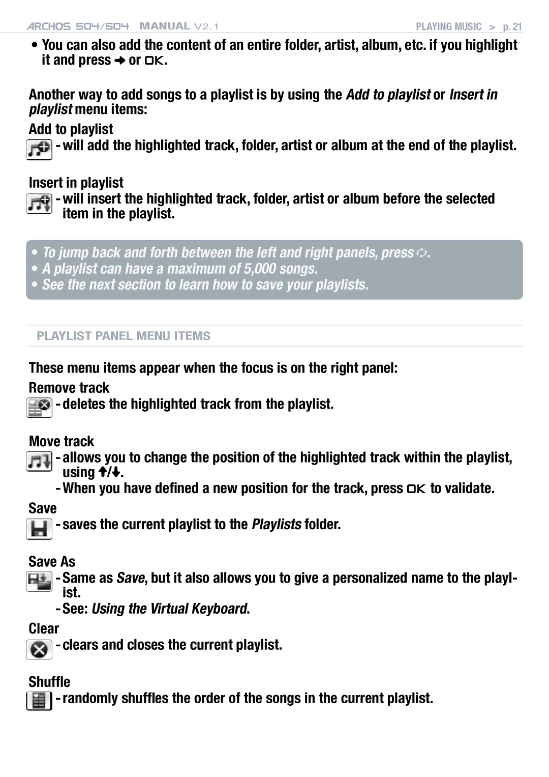 Archos Version 2.1 user manual Playlist Panel Menu Items 