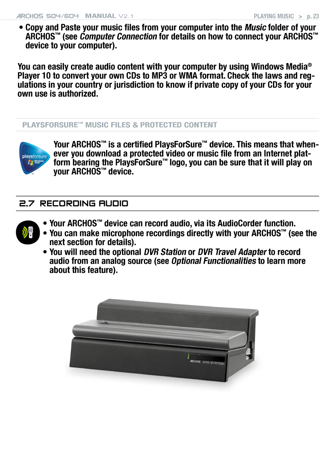 Archos Version 2.1 user manual Recording Audio 