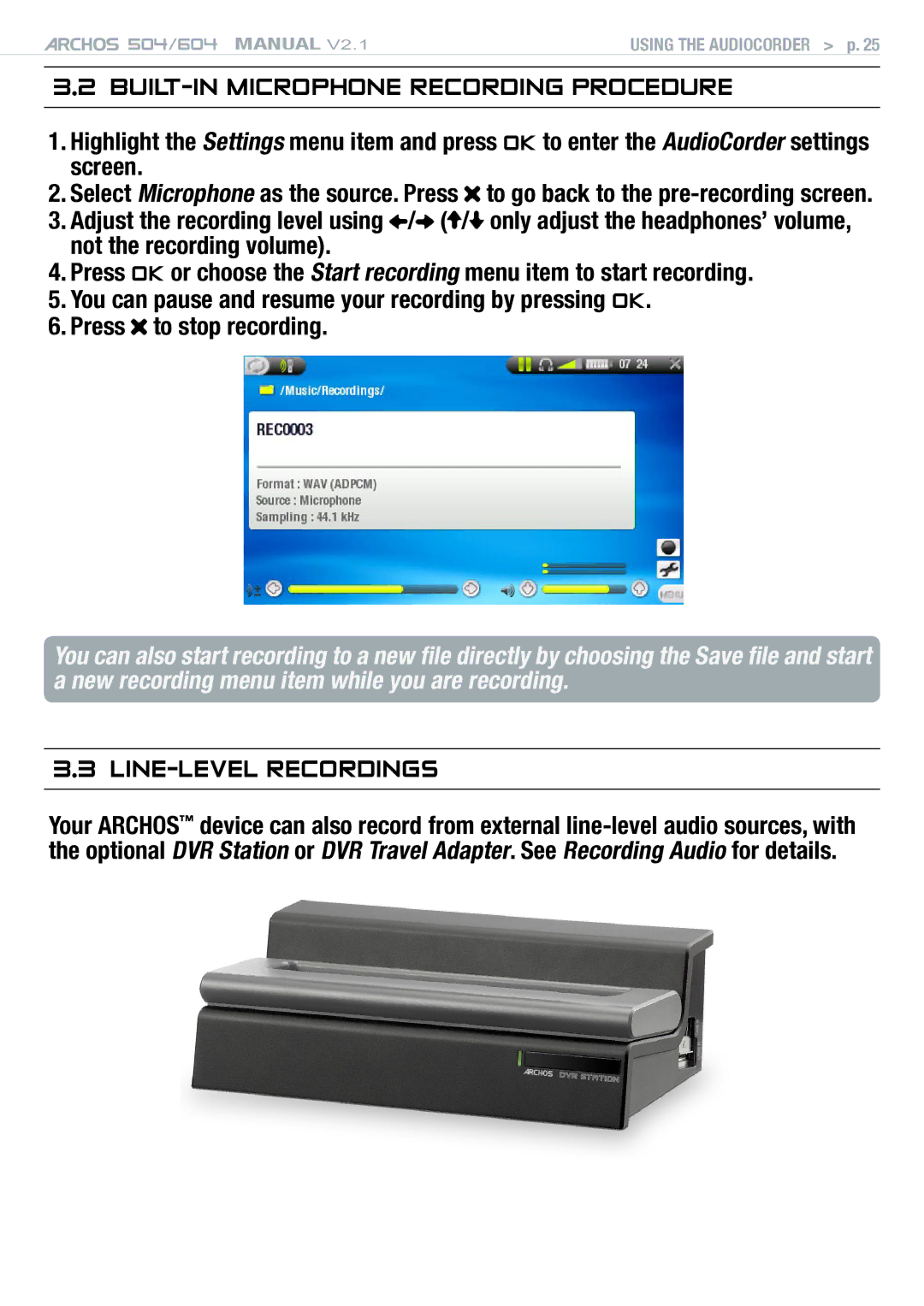 Archos Version 2.1 user manual BUILT-IN Microphone Recording Procedure, Line-Level recordings 