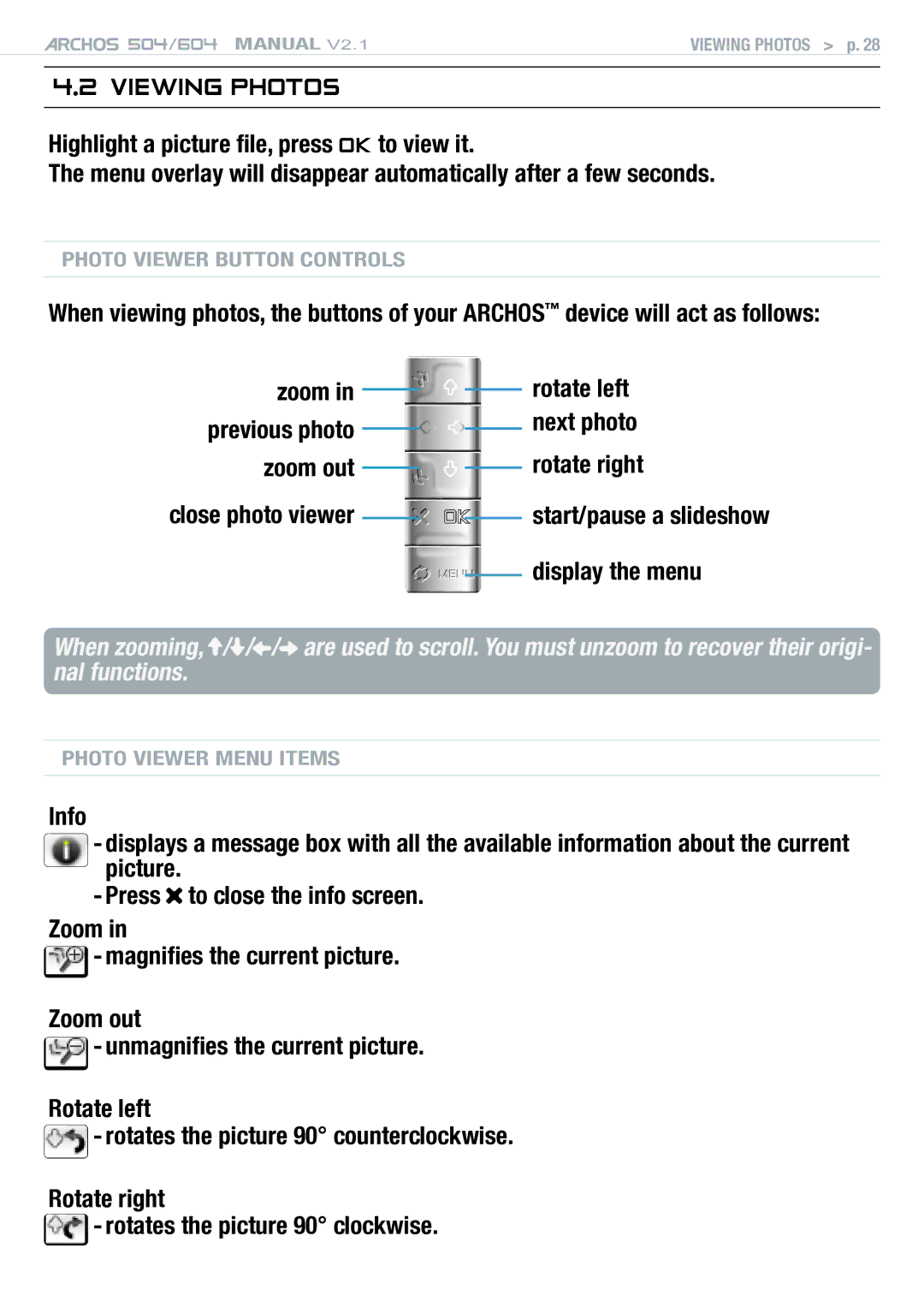 Archos Version 2.1 user manual Viewing Photos, Display the menu 