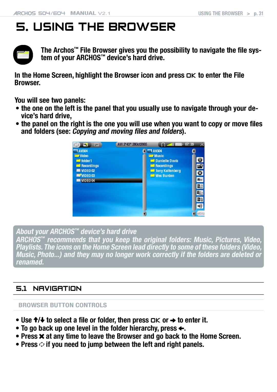 Archos Version 2.1 user manual Using the Browser, Navigation, Press if you need to jump between the left and right panels 