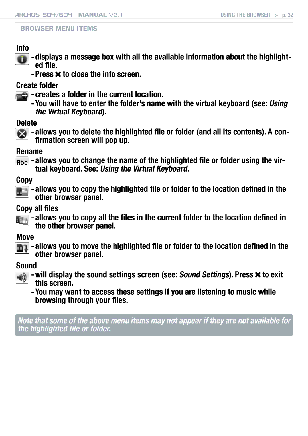 Archos Version 2.1 user manual Browser Menu Items 