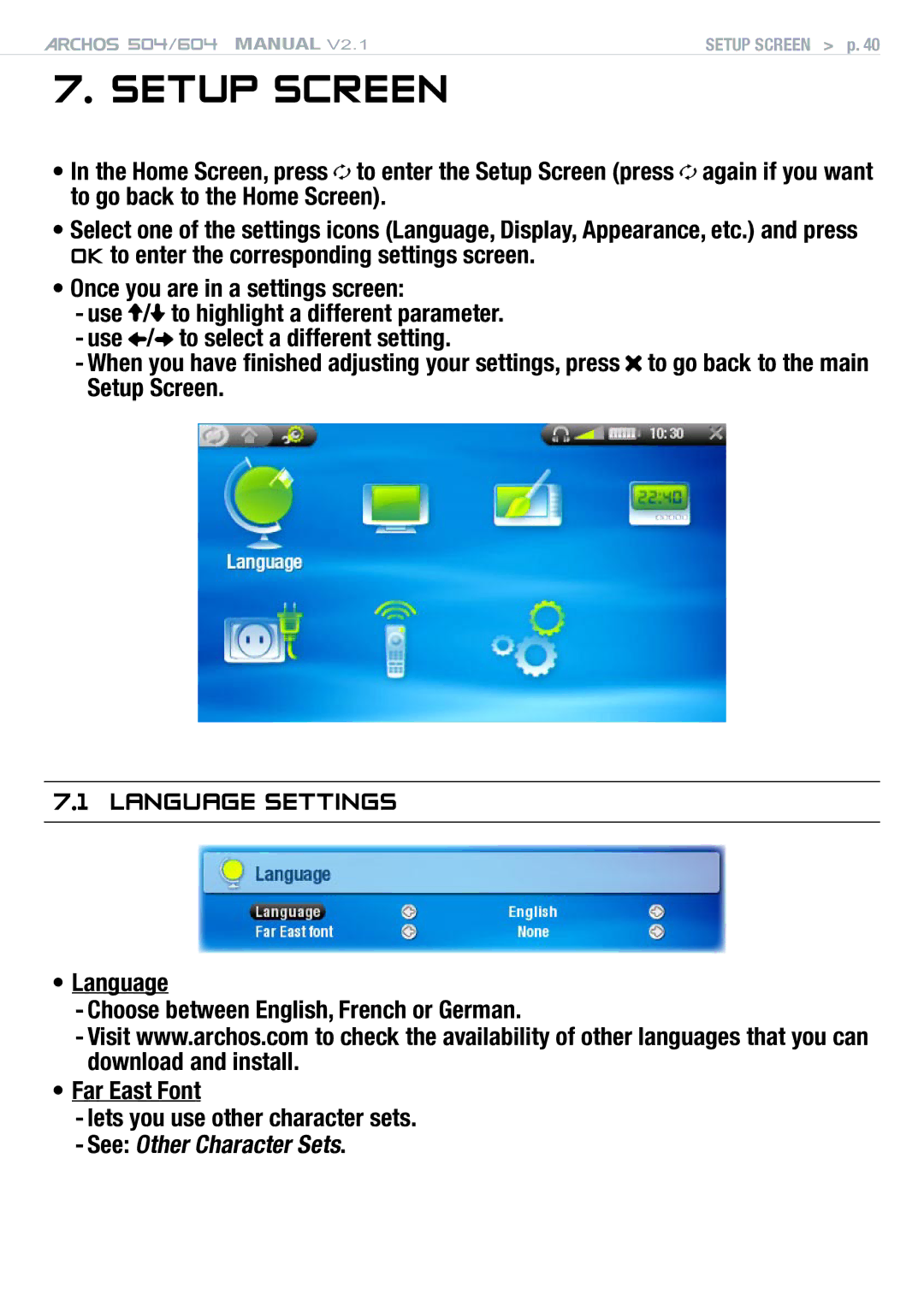 Archos Version 2.1 user manual Setup screen, Language Settings, See Other Character Sets 