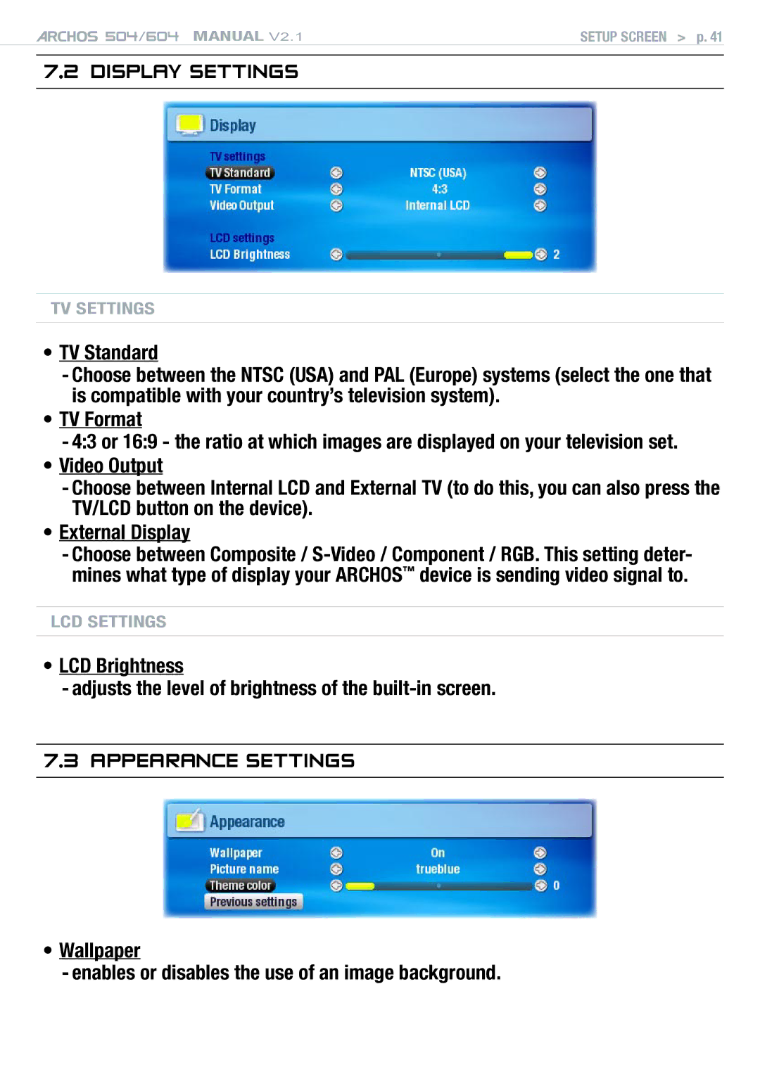 Archos Version 2.1 user manual Display Settings, Appearance settings, TV Standard, TV Format 