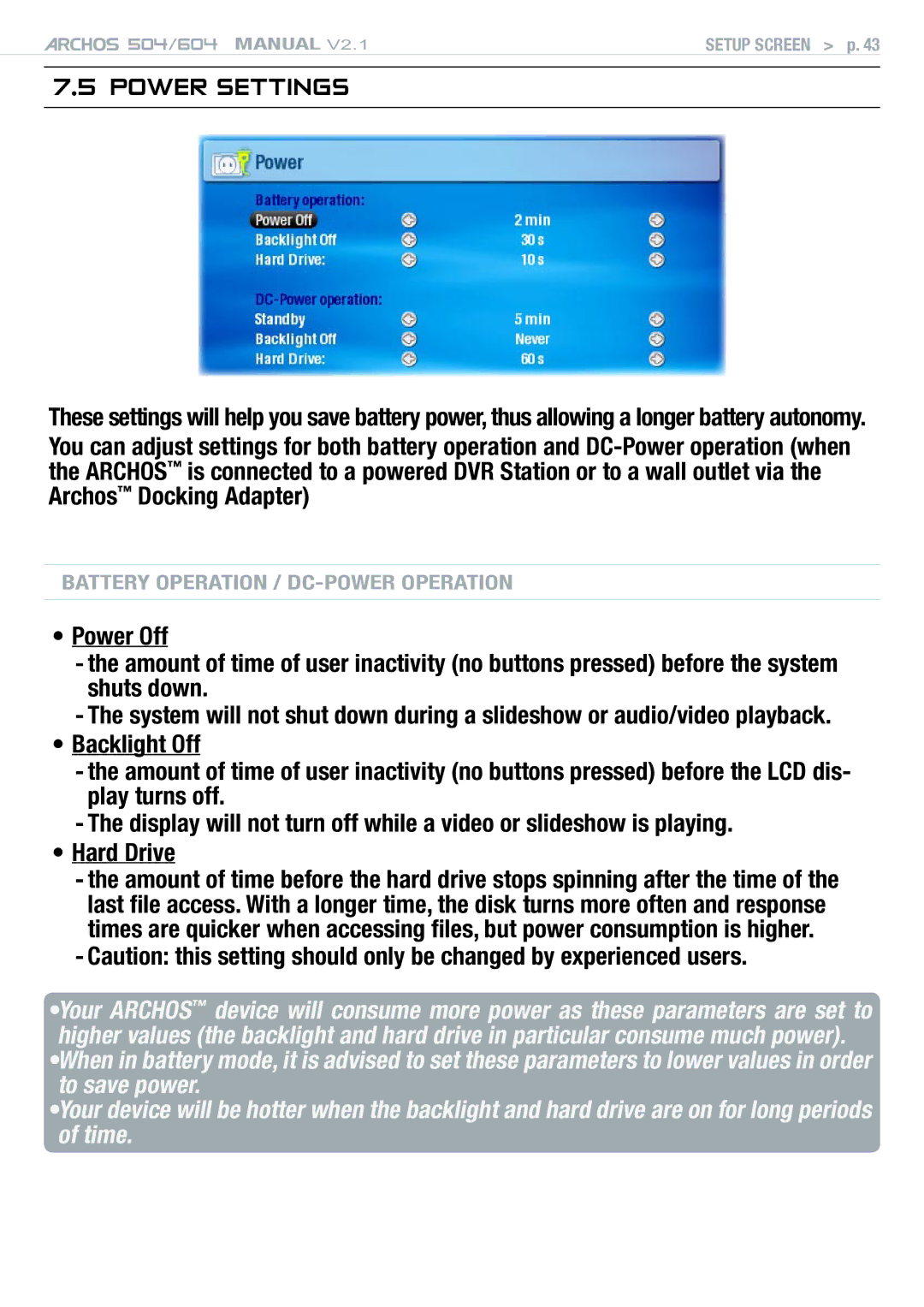 Archos Version 2.1 user manual Power Settings 