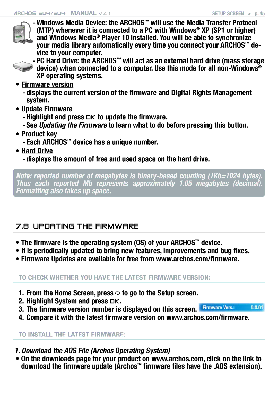 Archos Version 2.1 user manual Updating the Firmware, Firmware is the operating system OS of your Archos device 