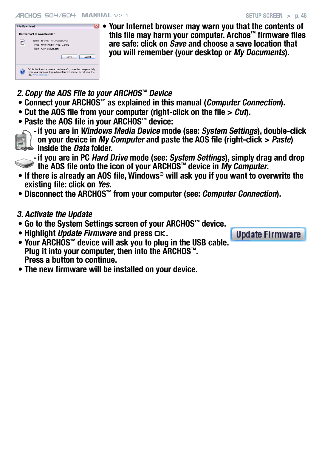 Archos Version 2.1 user manual Copy the AOS File to your Archos Device, Activate the Update 