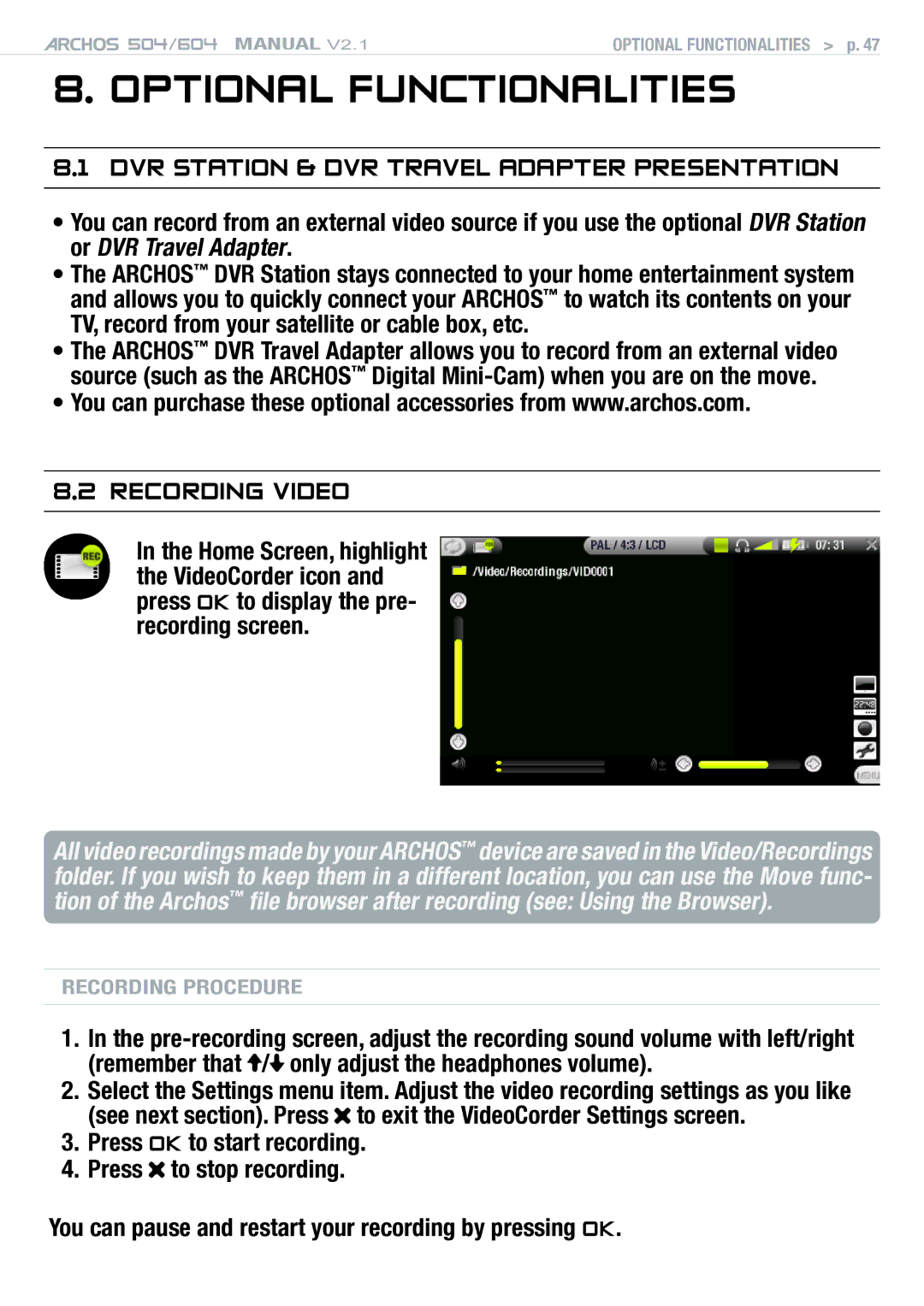 Archos Version 2.1 user manual Optional Functionalities, DVR Station & DVR Travel Adapter presentation 