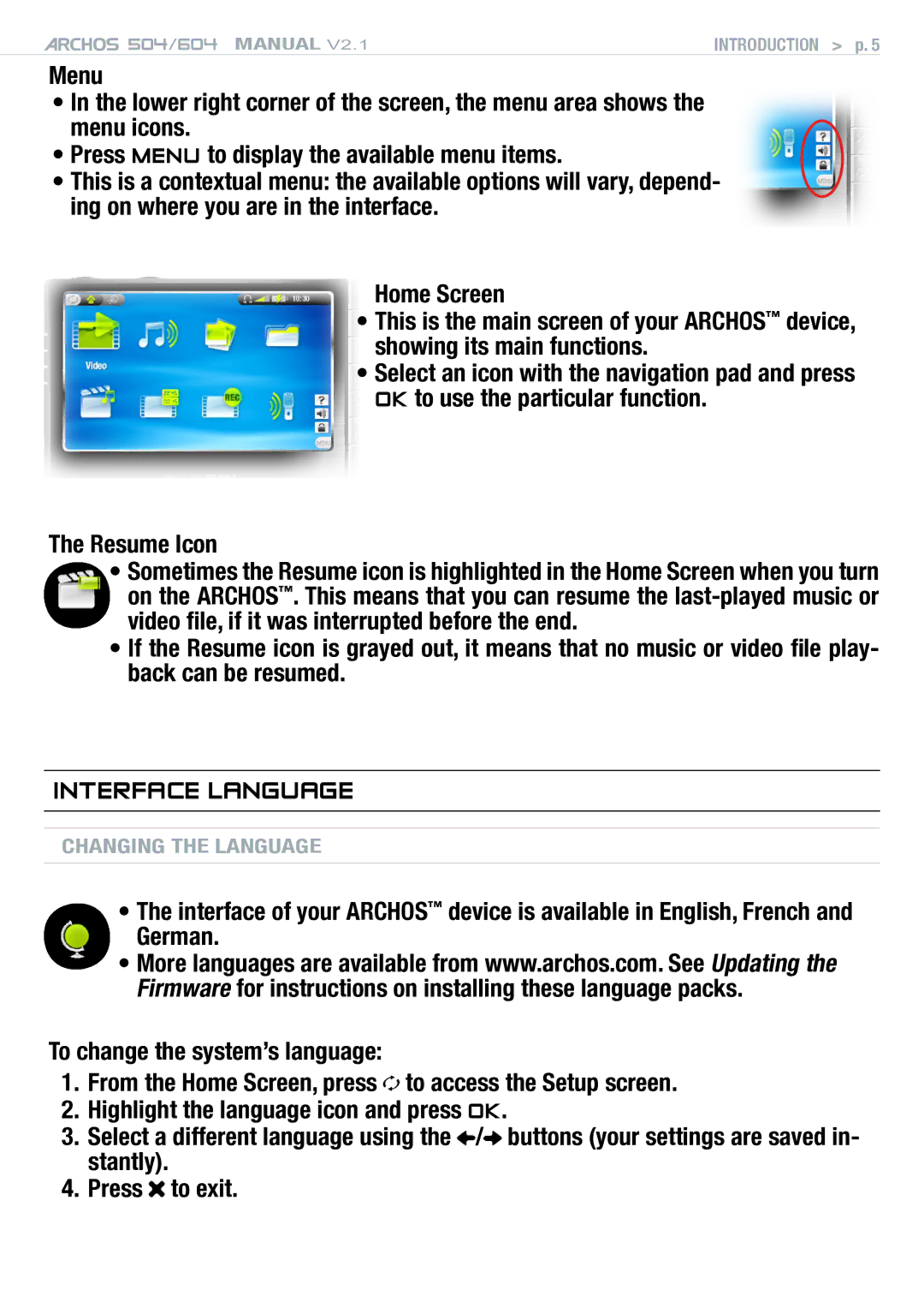 Archos Version 2.1 user manual Interface Language, Resume Icon 