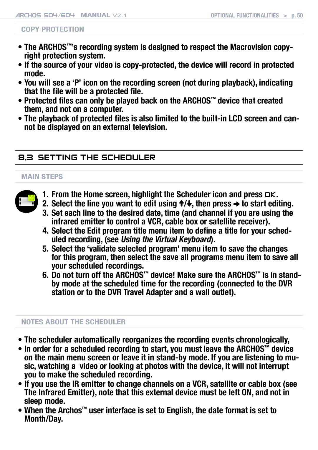 Archos Version 2.1 user manual Setting the Scheduler 