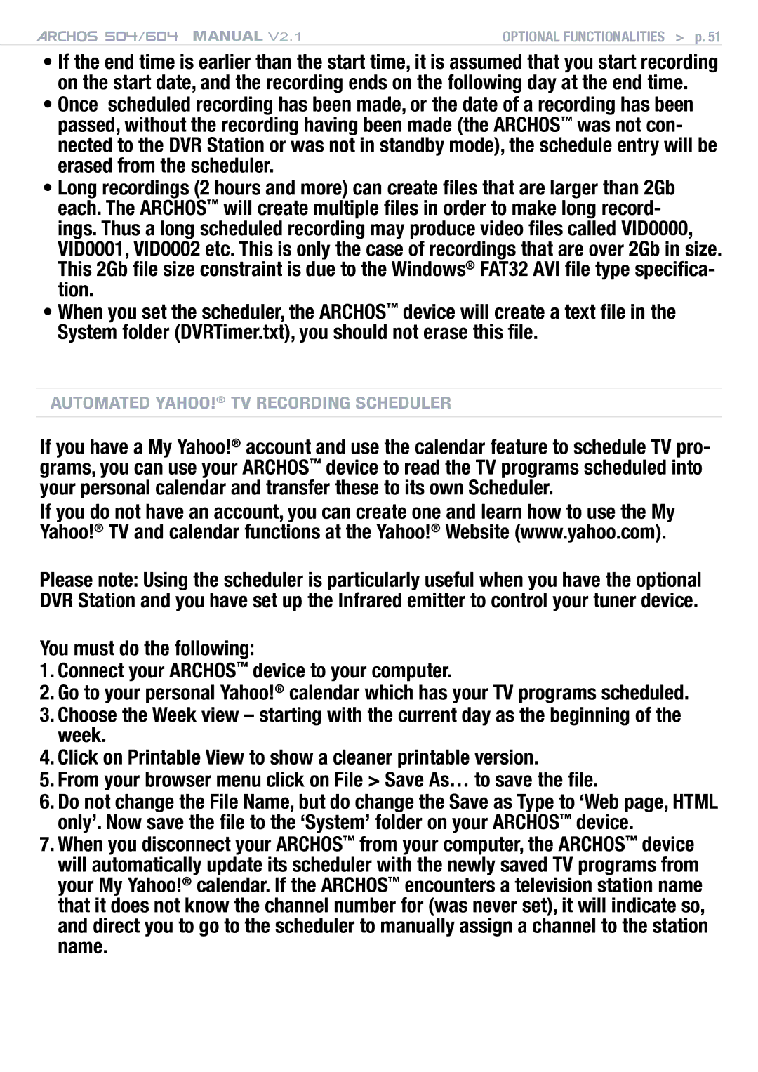Archos Version 2.1 user manual Automated Yahoo! TV Recording Scheduler 