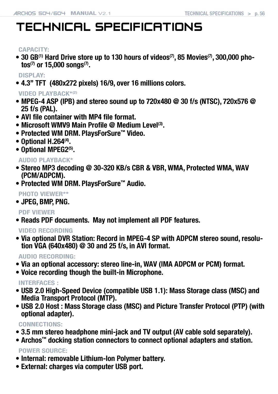 Archos Version 2.1 user manual Technical Specifications, ’’ TFT 480x272 pixels 16/9, over 16 millions colors 