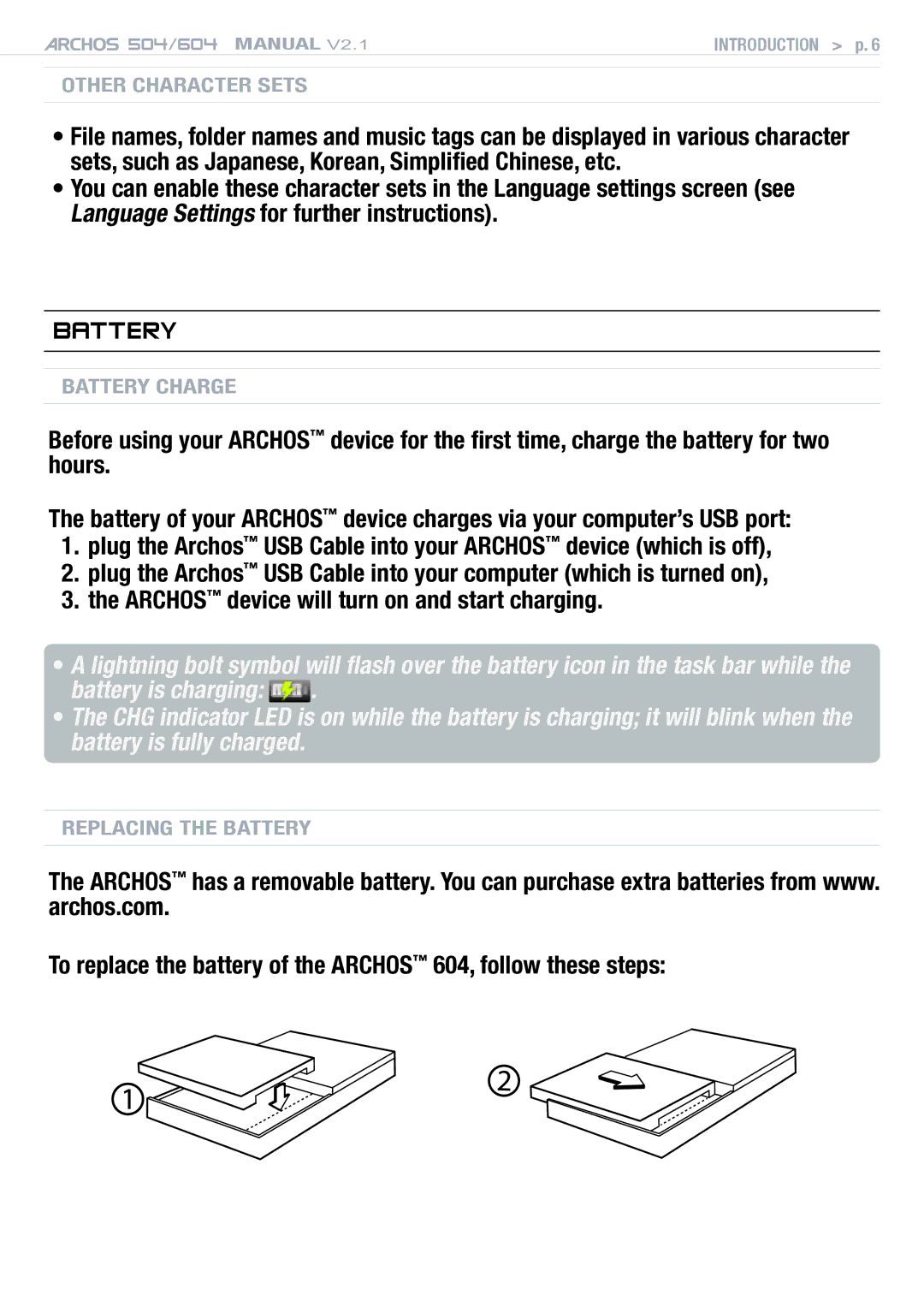 Archos Version 2.1 user manual Battery, To replace the battery of the Archos 604, follow these steps 