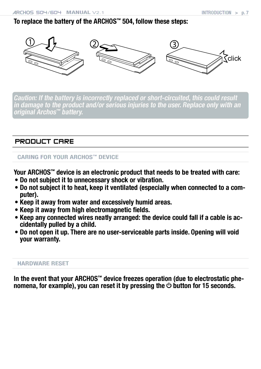 Archos Version 2.1 user manual Product Care, To replace the battery of the Archos 504, follow these steps 