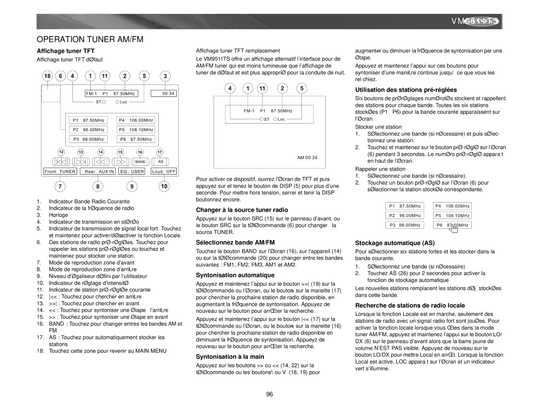 Archos VM9511TS instruction manual Operation Tuner AM/FM 