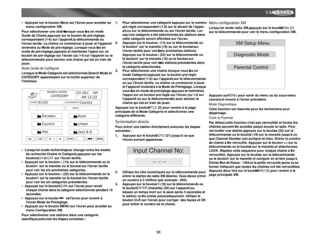 Archos VM9511TS instruction manual Syntonisation directe, Menu configuration XM, Mode Guide de Catégorie, Mode Diagnostique 