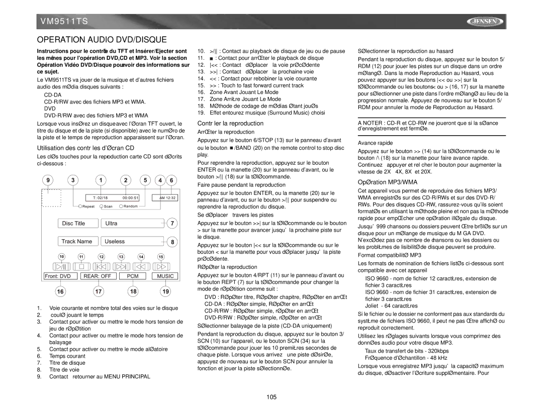 Archos VM9511TS instruction manual Operation Audio DVD/DISQUE, Utilisation des contrôles décran CD, Opération MP3/WMA 