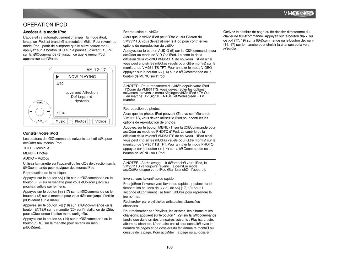 Archos VM9511TS instruction manual Operation Ipod, Accéder à la mode iPod, Contrôler votre iPod 