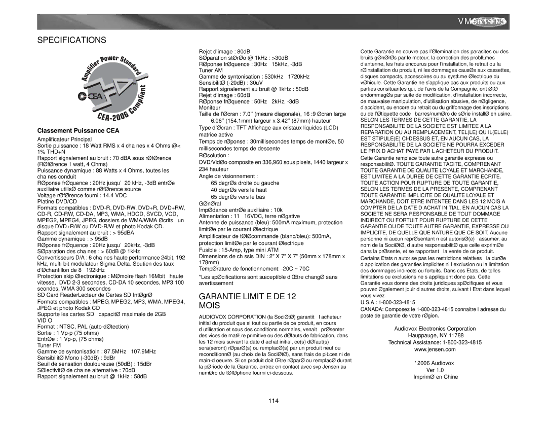 Archos VM9511TS instruction manual Garantie Limitée DE 12 Mois, Classement Puissance CEA, Vidéo 