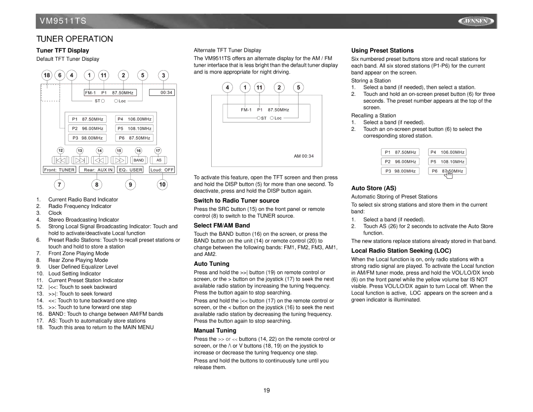 Archos VM9511TS instruction manual Tuner Operation 