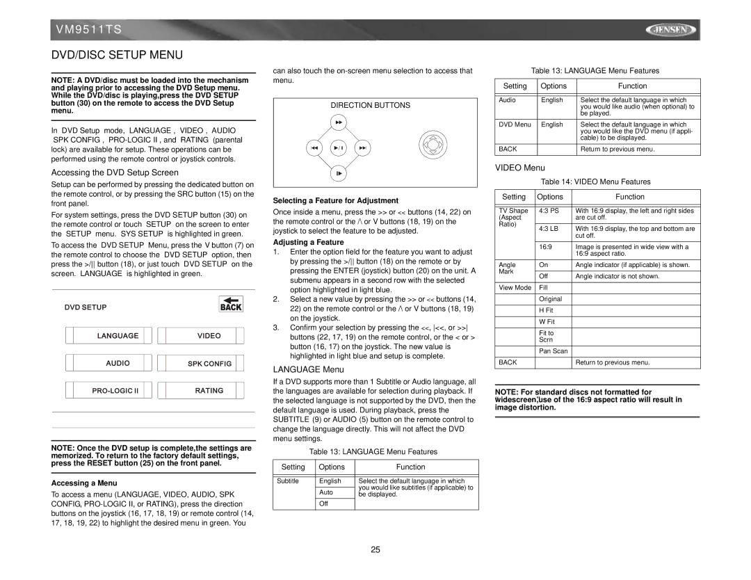 Archos VM9511TS DVD/DISC Setup Menu, Accessing the DVD Setup Screen, Language Menu, Video Menu, Accessing a Menu 