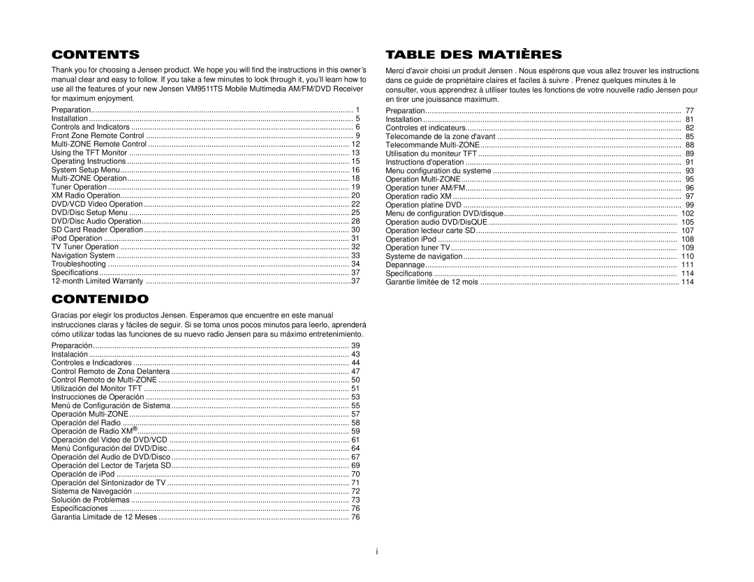 Archos VM9511TS instruction manual Contents, Contenido, Table DES Matières 