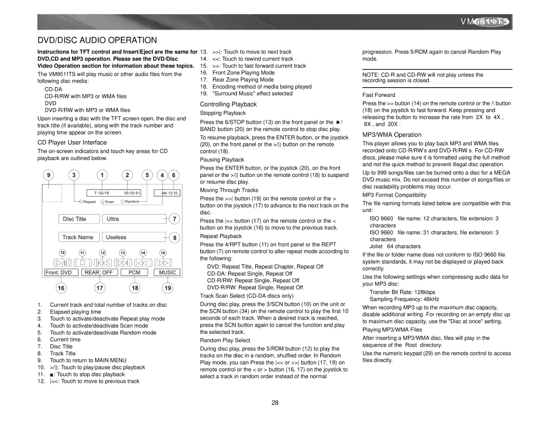 Archos VM9511TS instruction manual DVD/DISC Audio Operation, CD Player User Interface, MP3/WMA Operation 