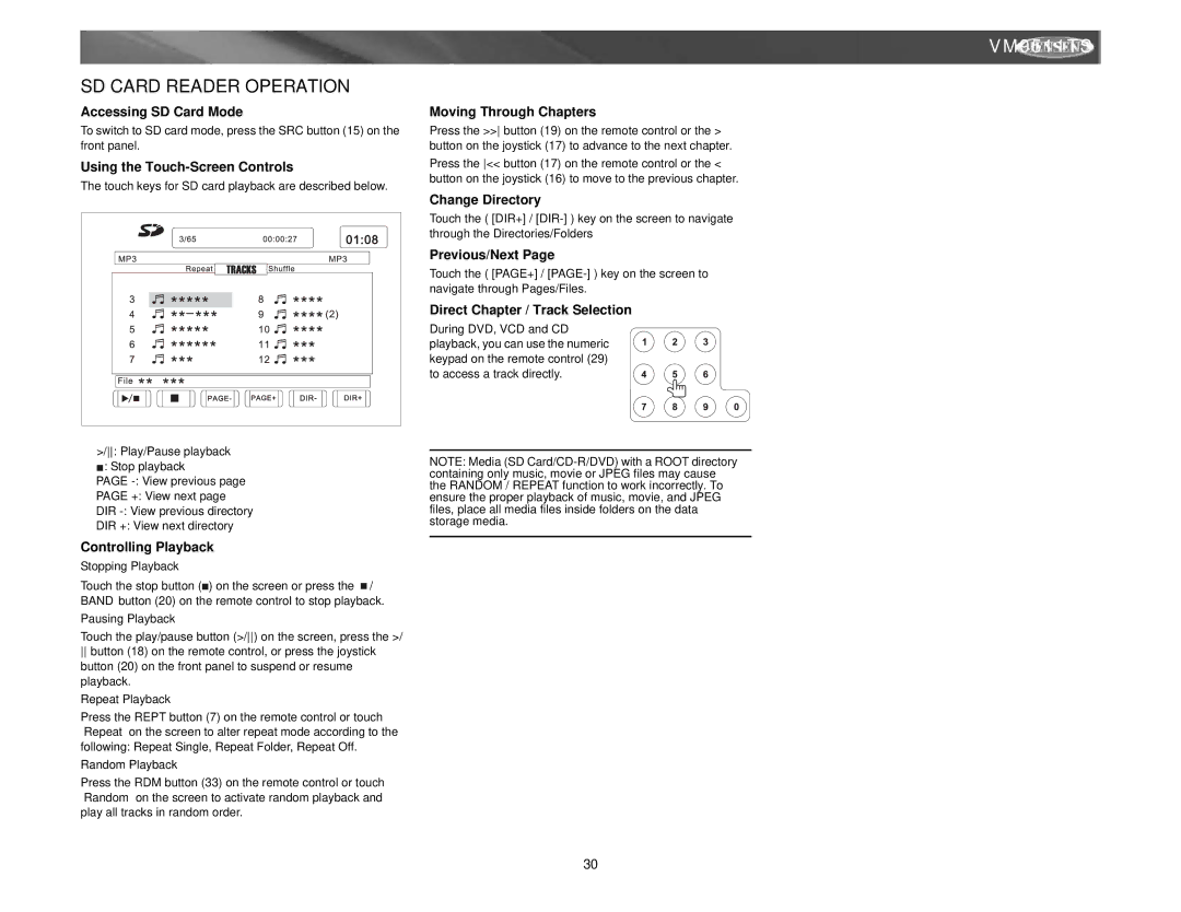 Archos VM9511TS instruction manual SD Card Reader Operation, Accessing SD Card Mode, Change Directory, Previous/Next 