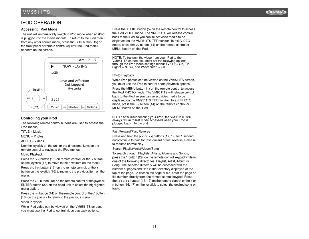 Archos VM9511TS instruction manual Ipod Operation, Accessing iPod Mode, Controlling your iPod 