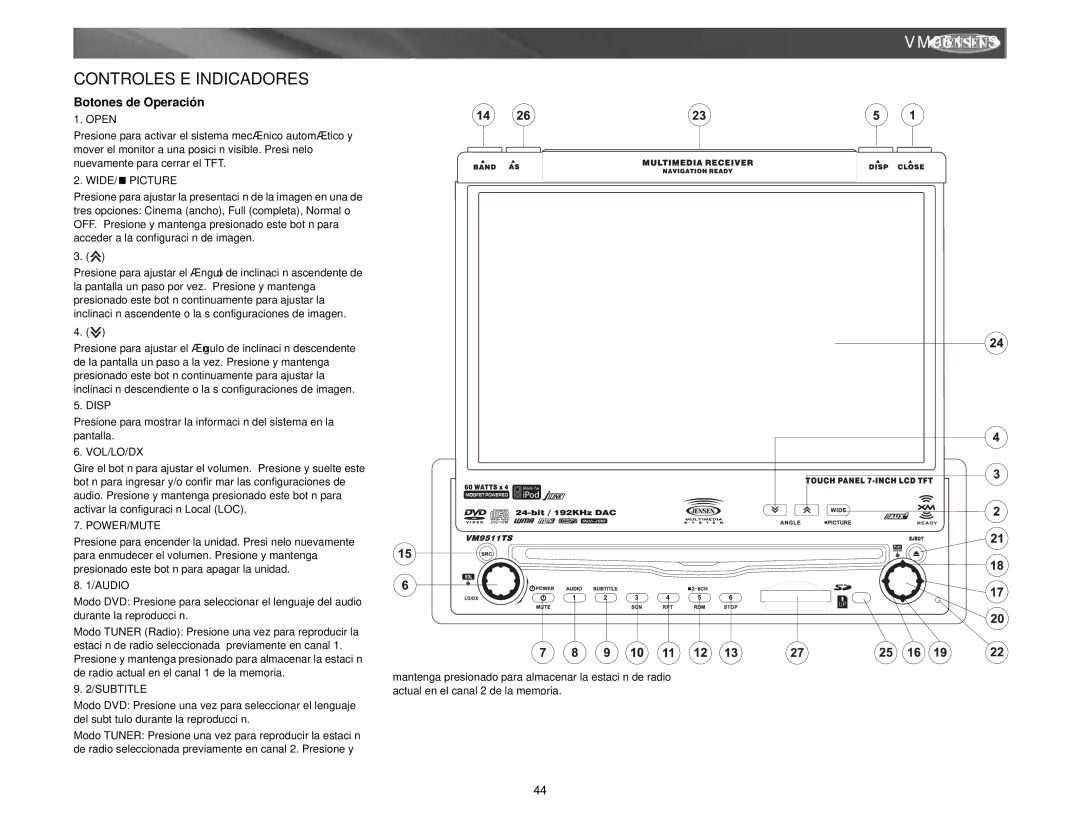 Archos VM9511TS instruction manual Controles E Indicadores, Botones de Operación 