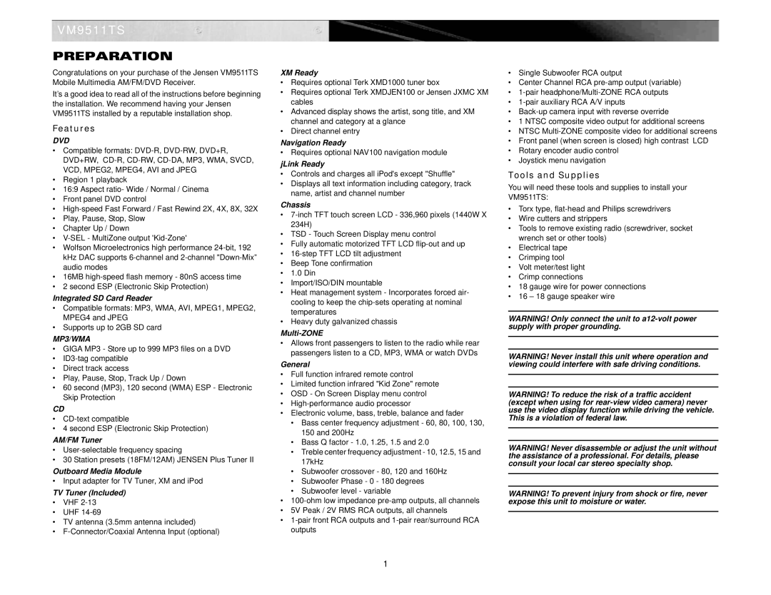 Archos VM9511TS instruction manual Preparation, Features, Tools and Supplies 