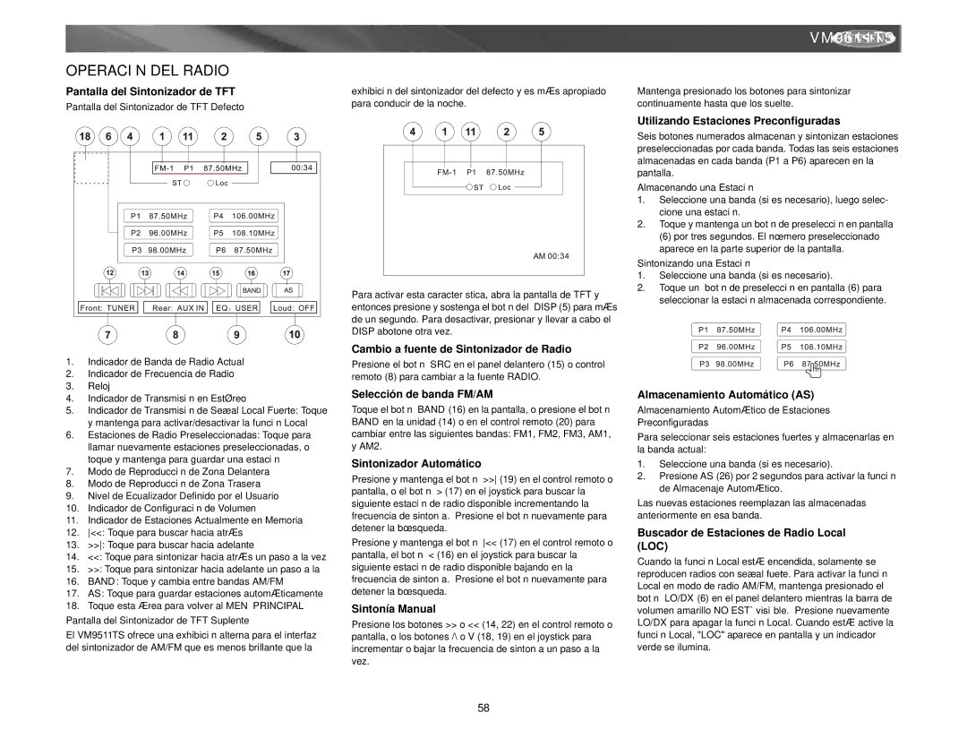 Archos VM9511TS instruction manual Operación DEL Radio 