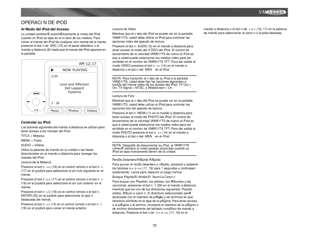 Archos VM9511TS instruction manual Operación DE Ipod, Al Modo del iPod del Acceso, Controlar su iPod 