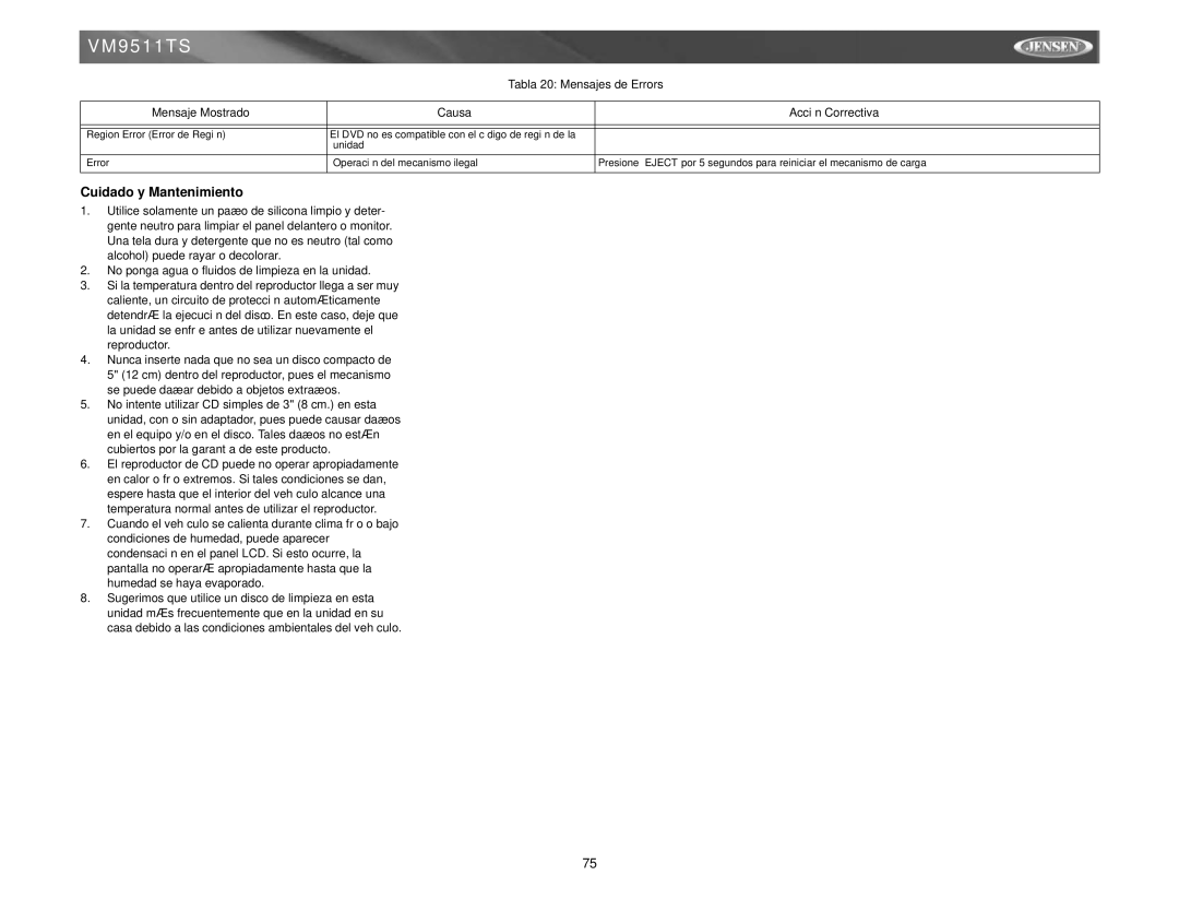 Archos VM9511TS instruction manual Cuidado y Mantenimiento 