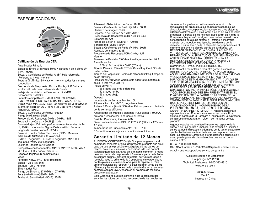 Archos VM9511TS instruction manual Especificaciones, Calificación de Energía CEA 