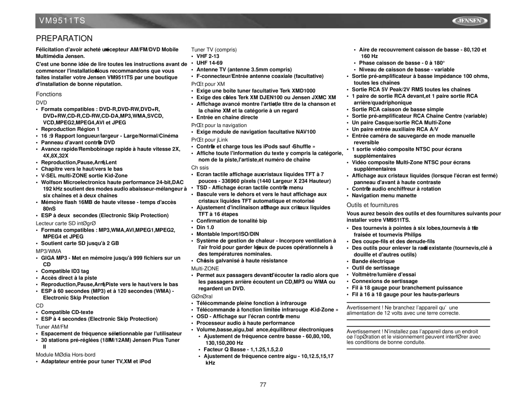 Archos VM9511TS instruction manual Fonctions, Outils et fournitures 