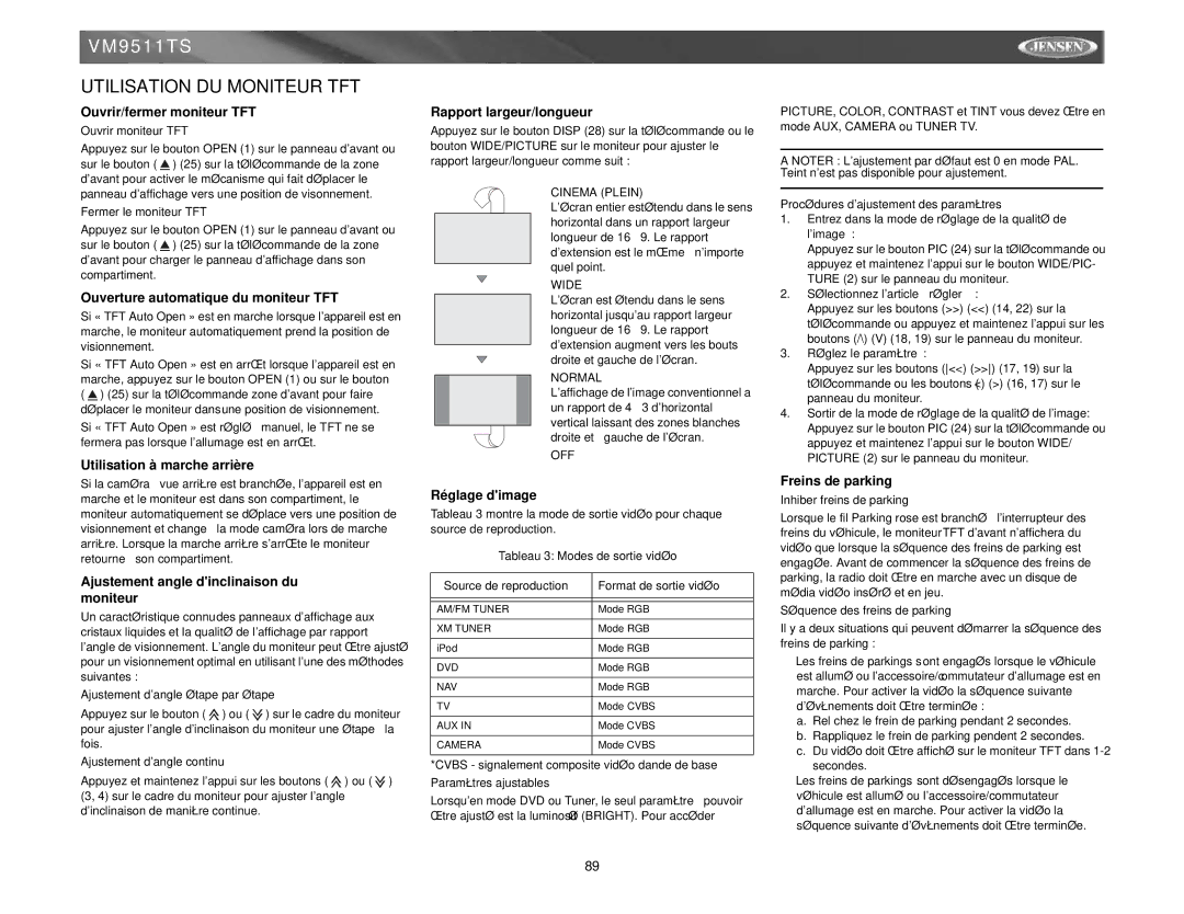 Archos VM9511TS instruction manual Utilisation DU Moniteur TFT 